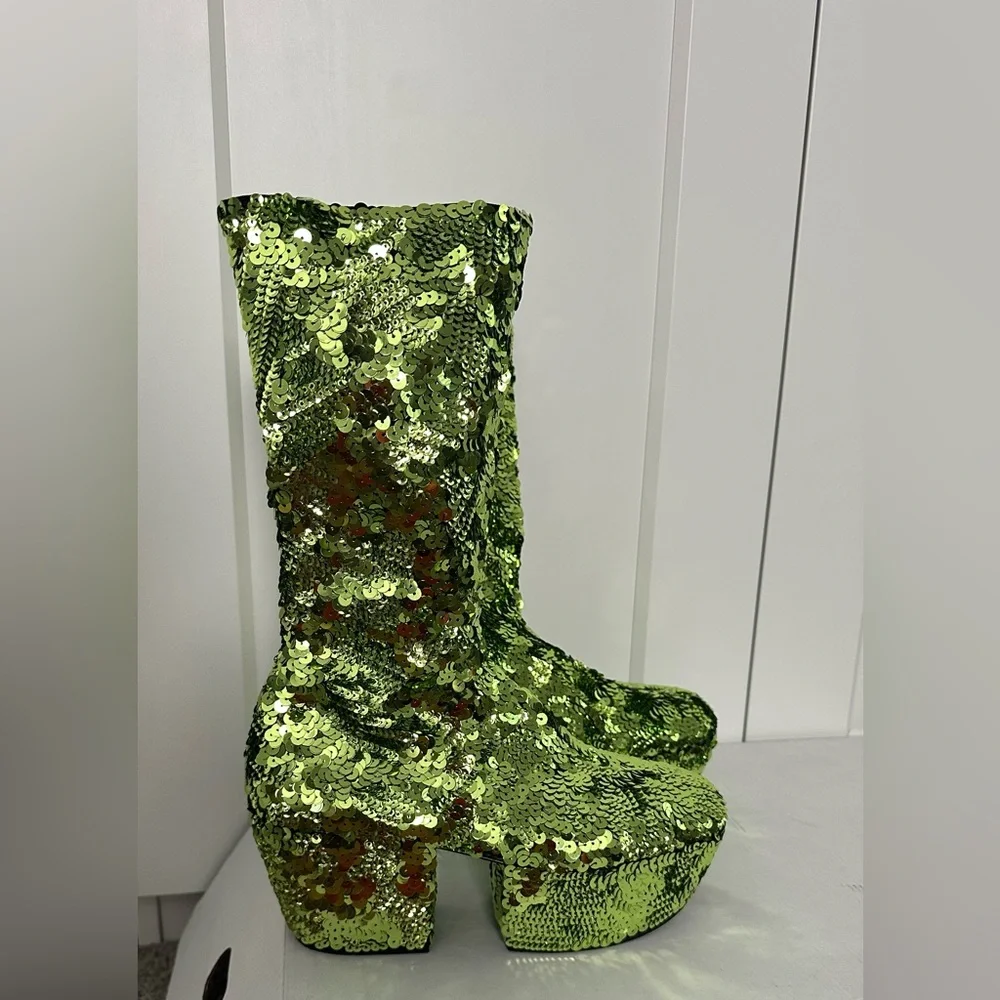Prada Green Sequined Platform Boots - Picture 7 of 12